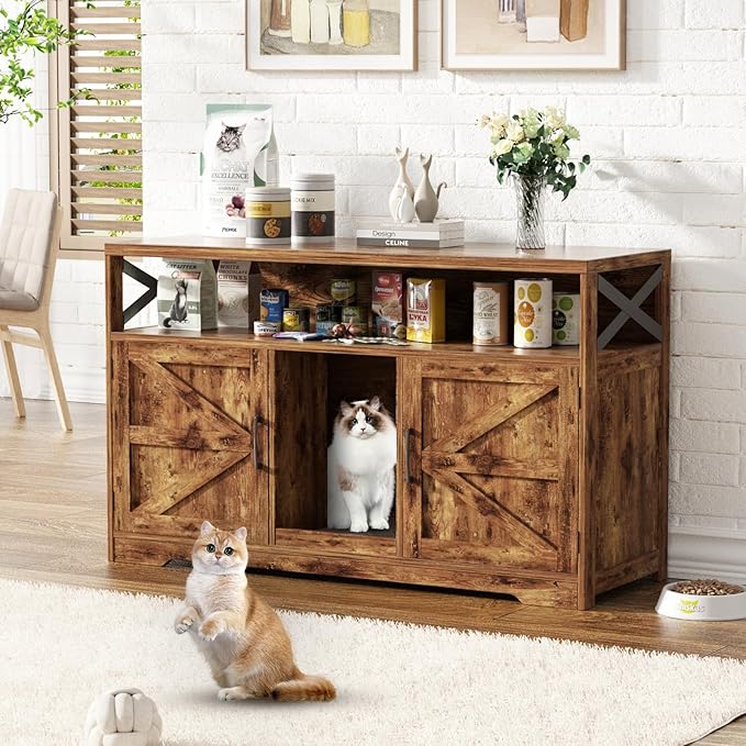 Cat Litter Box Enclosure for 2 Cats, 47" Double Hidden Litter Box Furniture with Scratch Pad, Farmhouse Indoor Litter Box Cabinet Cat Washroom, Rustic Brown-Mewly Pet