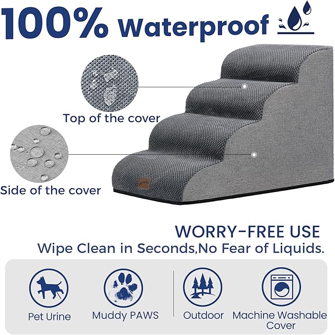 GoGoBunny Waterproof High Density Foam Curved Dog Stairs for High Beds Couches 19.7" H, 4-Step Ramp Dog Steps Friendly to Small Medium Dogs or Pets Joints, Non-Slip Balanced Durable Pet Step, Grey-Mewly Pet