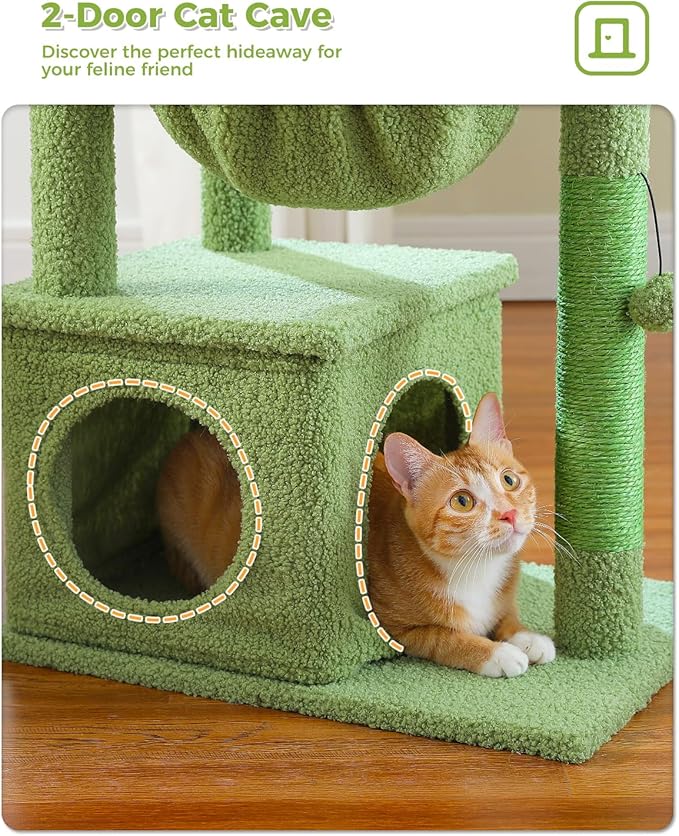 Cactus Cat Tree, 47.6" Cat Tower with 2 Metal Frame Hammock, Cat Scratching Post for Indoor Cats with 2 Removable Pompom Sticks for Kittens, Green-Mewly Pet