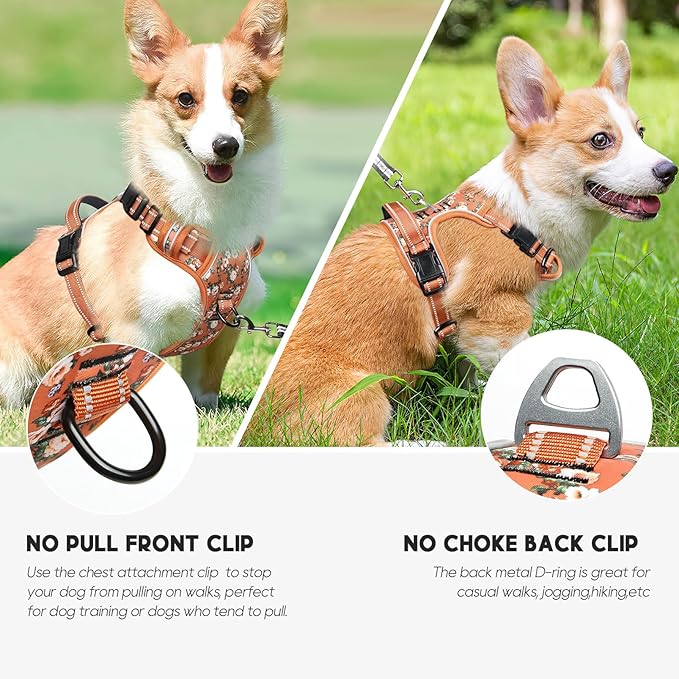 Timos Dog Harness, No Pull Dogs Harness 3 Snap Buckles Adjustable Reflective No Choke Pet Vest for Small Dog with Soft Padded Control Training Handle for Outdoor Training,Flower Orange, XS-Mewly Pet