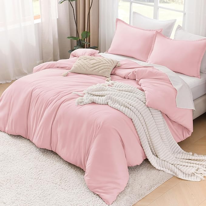 Litanika Comforters Pink Super King Size, 3 Pieces Lightweight Solid Bedding Set & Collections, All Season Fluffy Bed Set (120x120In Comforter & 2 Pillowcases)