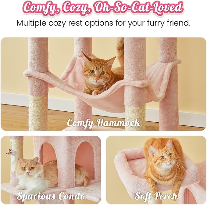 MWPO 70.1-Inch Pink Large Cat Tree, Multi-Level Tall Cat Tower for Indoor Cats, Plush Cat Condo with Big Padded Perches, Sisal-Covered Scratching Posts, Hammock, Toys for Kittens & Cats-Mewly Pet