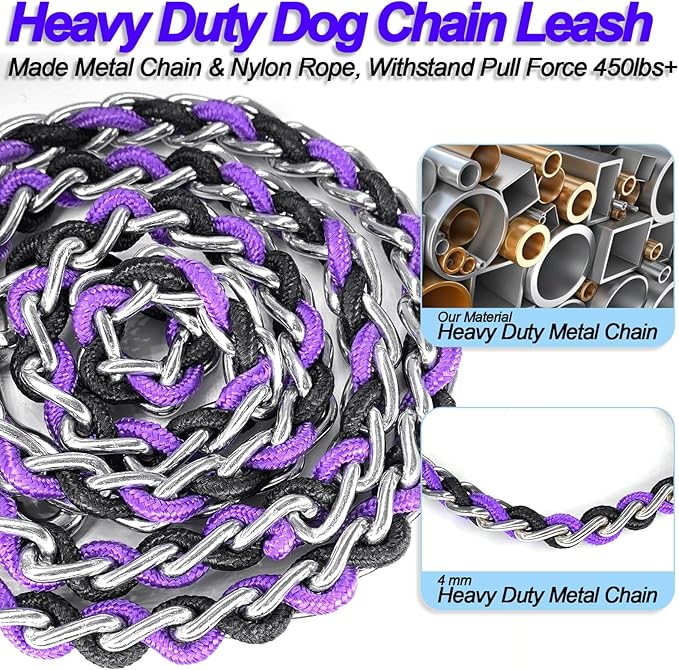 Dog Leash Rope Chain, Nylon Rope Metal Chain for Pet Leads. 6ft Heavy Duty Chew Proof Training Walking for Medium Large Dogs. (Large, Purple&Black)
