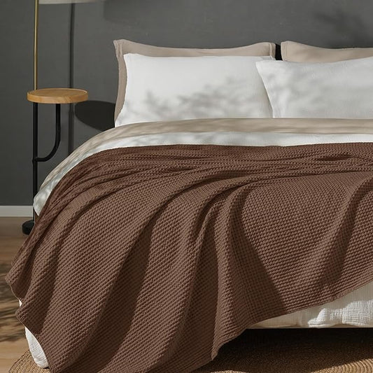 PHF 100% Cotton Waffle Weave Blanket Queen Size for Bed,Snag Proof Lightweight Breathable Moisture-Wicking Throw for Couch,Great for Layering in Cold Weather,Machine Washable, Home Decor-Cappuccino