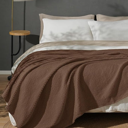 PHF 100% Cotton Waffle Weave Blanket Twin Size for Bed,Snag Proof Lightweight Breathable Moisture-Wicking Throw for Couch,Great for Layering in Cold Weather,Machine Washable,Home Decor Gift-Cappuccino