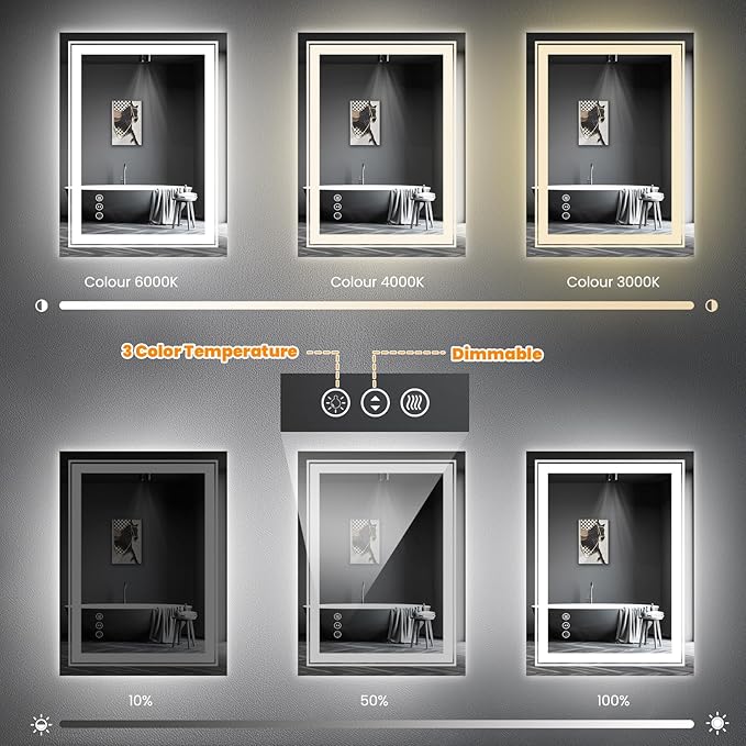 LED Bathroom Mirror, 20"x28" Mirror with Front and Backlit, Anti-Fog, Bathroom Vanity Mirror for Wall, Memory, Stepless Dimmable, Tempered Glass (Horizontal/Vertical)