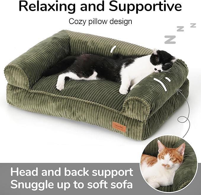 FUKUMARU Dog Couch Bed, Corduroy Cozy Cat Bed for Indoor Cats with Washable Cover, Supportive Waterproof Dog Beds Sofa for Small Dogs and Large Cats Cute, 28inch, Medium, Green-Mewly Pet