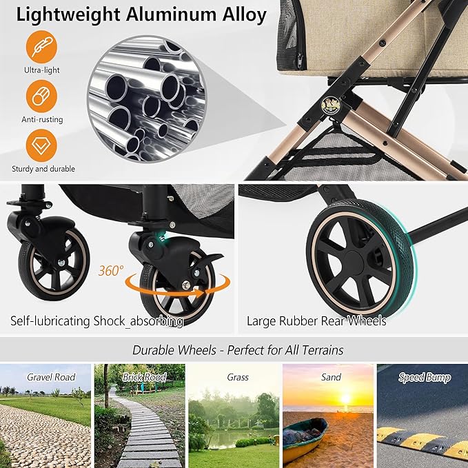 Kenyone 3-in-1 Pet Stroller for Small Medium Dogs Puppy Cat Stroller with Detachable Carrier & Pad Lightweight Foldable Aluminum Alloy Frame Dual No-Zip Entry(Khaki)-Mewly Pet