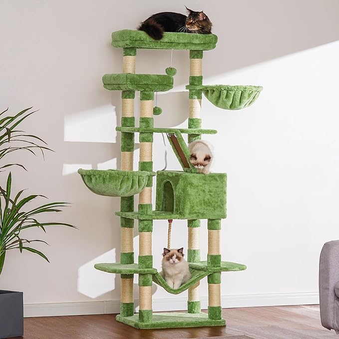 Heybly Cat Tree, 68 inch Multi-Level Cat Tower for Indoor Cats, 2 Widened Plush Perches Cat Condo with Scratching Board and Big Caves, Green HCT025GR-Mewly Pet