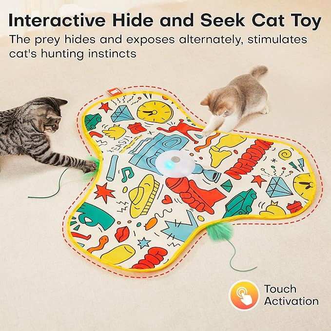 Potaroma Interactive Cat Feather Toys, Hide and Seek Concealed Moving Feather Wand, Rechargeable Touch Activated Indoor Kitten Exercise Kicker, Mouse Squeaky, Graffiti Cover-Mewly Pet