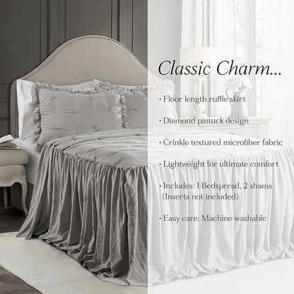Lush Decor Ravello Pintuck Ruffle Skirt Bedspread Set - Luxe 3 Piece Ruffled Bedding Set - Traditional Glam & Farmhouse Inspired Bedroom Decor - King, Light Gray