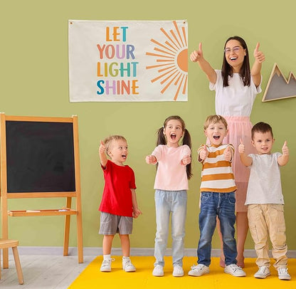 Nursery Rectangular Canvas Banner Flag Wall Sign Decor for Baby Boy Girl Kids-Nursery Baby Room Above Crib Bedroom Playroom Reading Room Decor-Baby Shower Birthday Christmas Gift-Let Your Light Shine