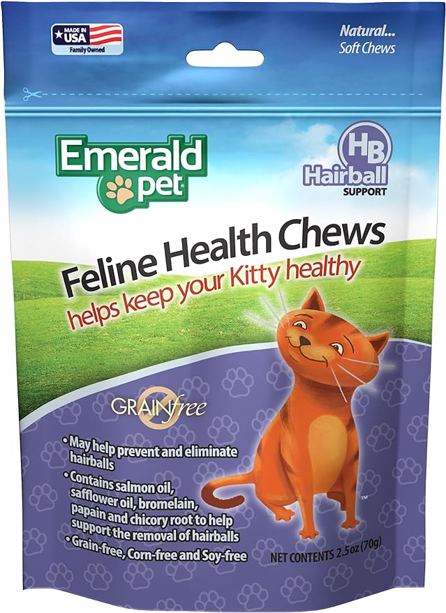 Emerald Pet Feline Health Chews Hairball Support — Natural Grain Free Feline Hairball Control Chews — Hairball Control Cat Supplements for Hairball Prevention and Elimination — Made in USA, 2.5 oz-Mewly Pet