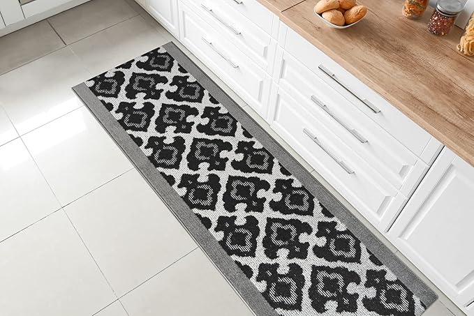 Custom Length Cut to Size Fleur de Lis Inspired Carpet Runner Rug for Hallways, Non Slip Rubber Backed, 31 inch Wide X Customized Length, Royal Grey, 31 inch X 20 feet