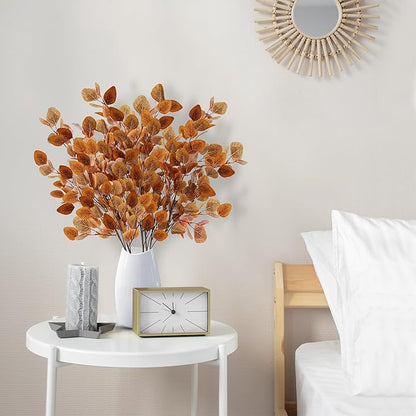 Sggvecsy 6 Pcs Fall Eucalyptus Leaves Artificial Eucalyptus Stems Long Silver Dollar Leaves Autumn Leaf Branches Fake Silk Eucalyptus for Indoor Home Autumn Thanksgiving Decor (Mixed Fall Color)