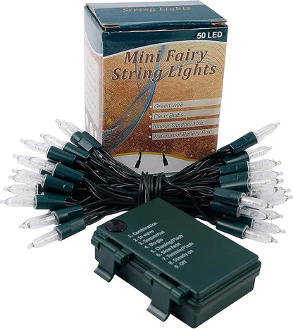 Blissun Christmas Lights, 50-Count Green Wire Light Set, Battery Operated Christmas Mini String Light with 8 Modes, 16 ft Fairy Lights for Christmas Tree Garden Wreath Decorations (1 Pack, Warm White)