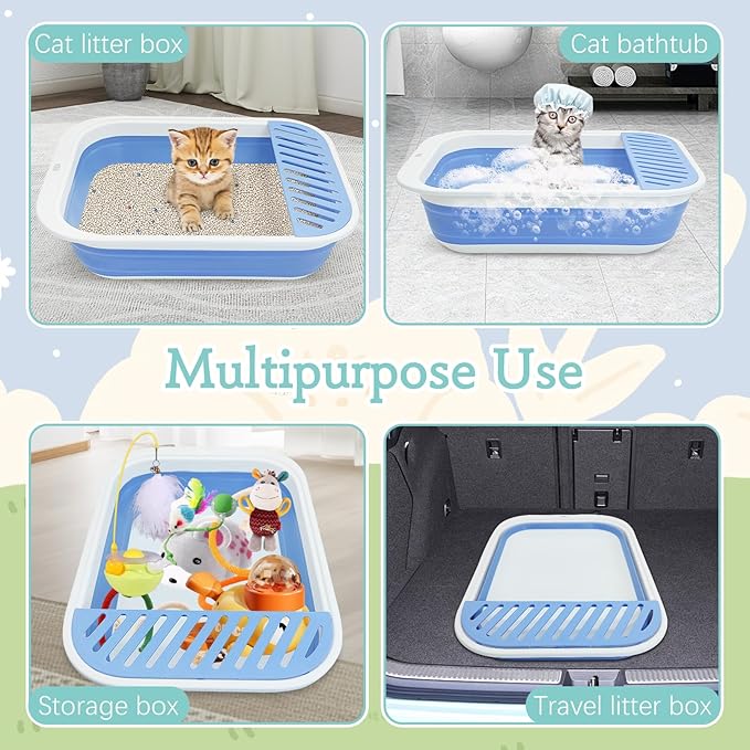 Fhiny Cat Litter Box Portable Shallow Litter Box 17.7"x13.4"x4.9" Foldable Cat Toilet with Scoop Open Kitty Potty Pan with Litter Drop Pedal Easy to Clean Travel Kitten Toilet(Blue)-Mewly Pet