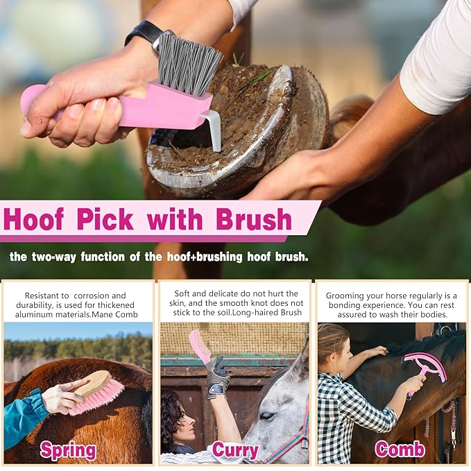 Abbylike 12 Pieces Horse Grooming Kit with Organizer Tote Bag Tack Room Supplies Horse Brush Sets Equine Care Cleaning Kit Shedding Grooming Massaging Tools(Pink and Grey)-Mewly Pet