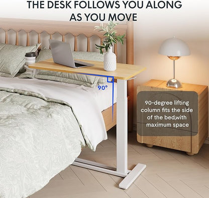 FLEXISPOT H7 Adjustable Overbed Bedside Table with Wheels Pneumatic Mobile Standing Desk Laptop Desk Rolling Computer Cart Movable Table Hospital Home Use(31.5" W x 17.7" D, Maple Large)