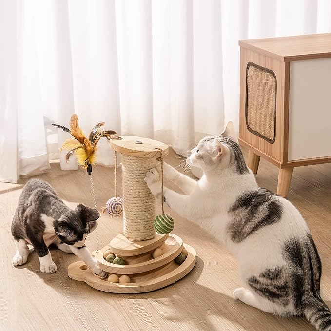 MEWOOFUN Cat Toy 2-Layer Turntable Cat Ball Toy with Feather,Kitten Toys Interactive Cat Toy with Eight Interactive Balls and Two Sisal Dangling Balls (Large)-Mewly Pet