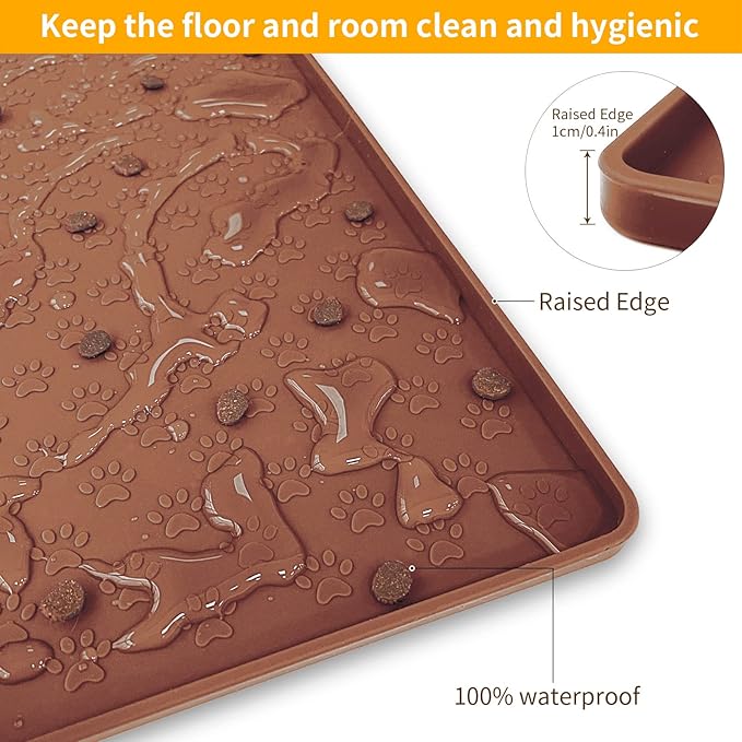 Ptlom Pet Placemat for Dog and Cat, Waterproof Silicone Pet Feeding Bowl Mats for Food and Water, Small Medium Large Dogs Mat Prevent Residues from Spilling to Floor, Brown, 24.5" 16.5"-Mewly Pet