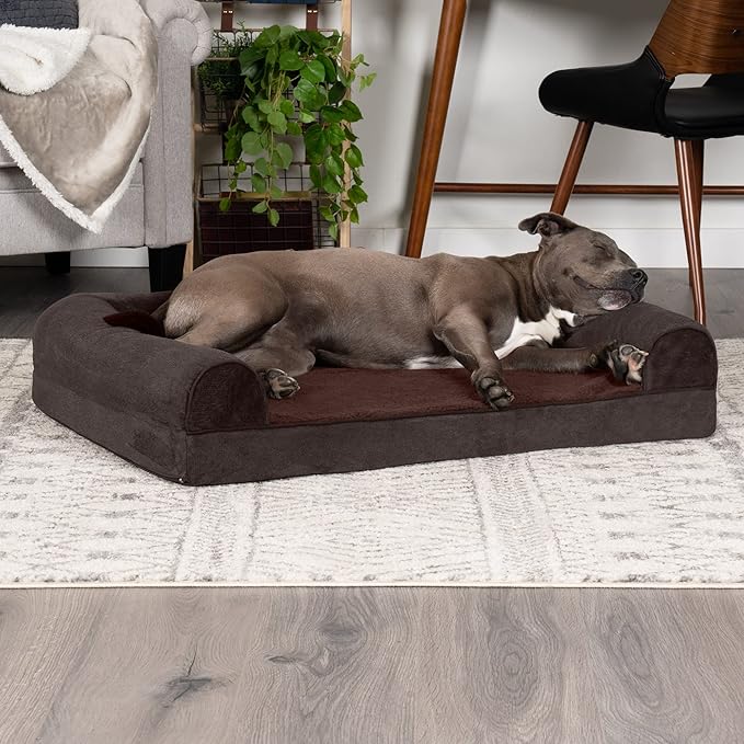 Furhaven Orthopedic Dog Bed for Large/Medium Dogs w/ Removable Bolsters & Washable Cover, For Dogs Up to 55 lbs - Sherpa & Chenille Sofa - Coffee, Large-Mewly Pet