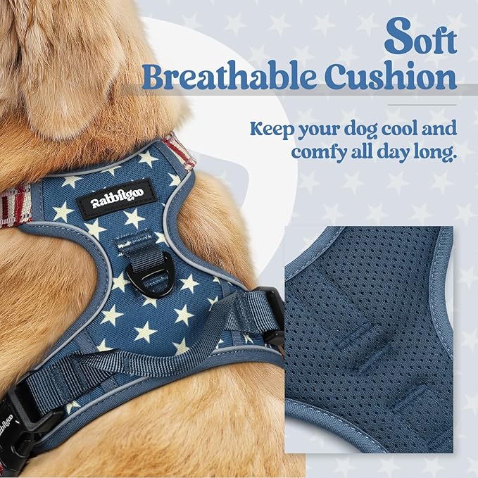 rabbitgoo Dog Harness No Pull with 2 Leash Clips, Adjustable Soft Padded, Reflective Oxford No Choke Pet Vest with Easy Control Handle for Large Dogs, Blue Star, S-Mewly Pet