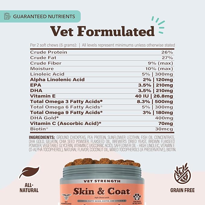 Natural Dog Company Omega Skin & Coat Chews, Vet Strength Supplement, Itchy Skin Relief, Moisture Balance & Coat Hydration, Biotin & Vitamin E, Dry Skin Care, Vet-Recommended, USA Made, 90 Ct-Mewly Pet