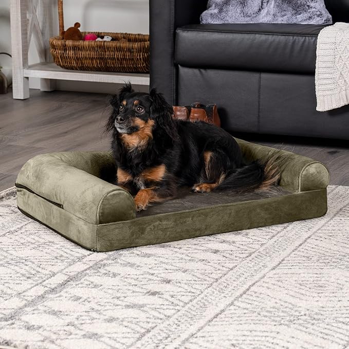 FurHaven Soft, Orthopedic Foam Sofa Dog Bed with Washable & Removable Cover - Faux Fur/Velvet - Dark Sage, Dogs Up to 35 lbs - Medium-Mewly Pet