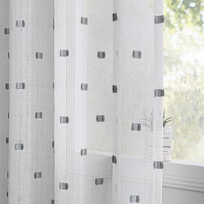 MYSKY HOME White Curtains for Bedroom 72 Inch Length Long Sheer Curtains for Kids Room Nursery Curtains with Grey Patched Design Rod Pocket Privacy Window Drapes Dining Room 52" x 72" 2 Panels