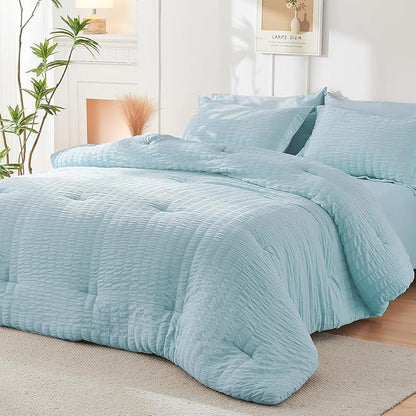 HYMOKEGE Lake Blue Twin Comforter Set Seersucker 5 Pieces, All Season Luxury Bed in a Bag for Bedroom, Bedding Set with Comforters, Sheets, Pillowcase & Shams