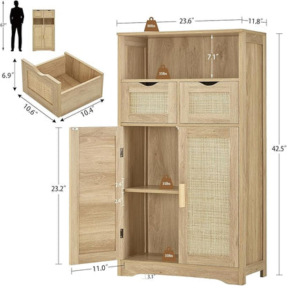 Iwell Storage Cabinet with 2 Drawers & Adjustable Shelves, Rattan Cabinet, Kitchen Pantry Cabinets, Cupboard for Living Room, Kitchen, Home Office, Natural