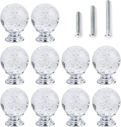 10 PCS Crystal Cabinet Knobs Round Glass Bubbles Knobs Smooth Drawer Pulls Handle for Home, Cabinet, Drawer and Dresser with 3 Different Size Screws, 30MM (Transparent)