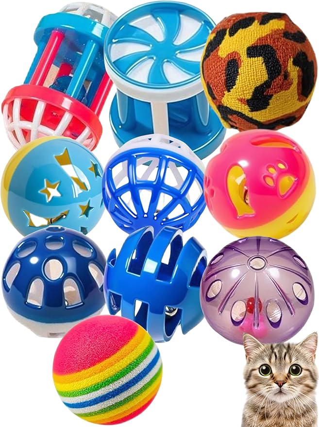 10-Pack Cat Toy Balls with Bells for Kittens and Cats (1.5'' - 2.2'', Cat Toys Mega Set)-Mewly Pet