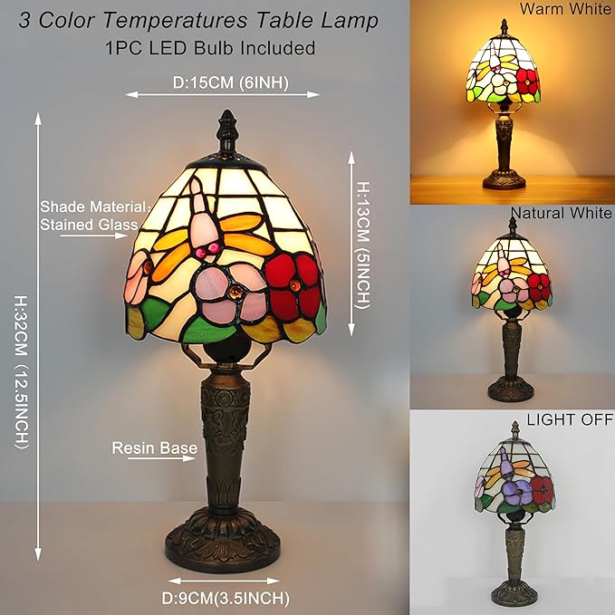 Tiffany Small Lamp Baroque Stained Glass Table Lamp 3 Way Color-Temparetures Bedside Nightstand Table Lamps for Bedroom Living Room Home Office Desk Light W/LED Bulb 6X6X12.5Inch