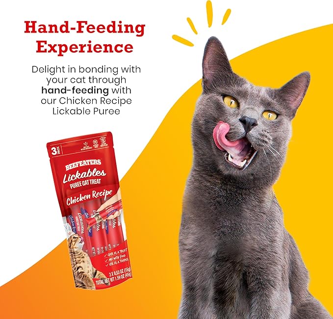 Beefeaters Cat Treats Lickable Puree 1.59oz (12-Pack) – Chicken, Grain-Free, Taurine-Enriched, Ideal for Training & Interactive Feeding-Mewly Pet