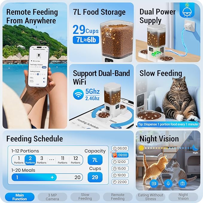Automatic Cat Feeder with 2 Camera for 2 Cats: 5G WiFi Automatic Dog Feeder with Night Vision & Slow Feed, 7L Auto Cat Food Dispenser for Multiple Pet, Detachable for Easy Cleaning - 29 Cup-Mewly Pet