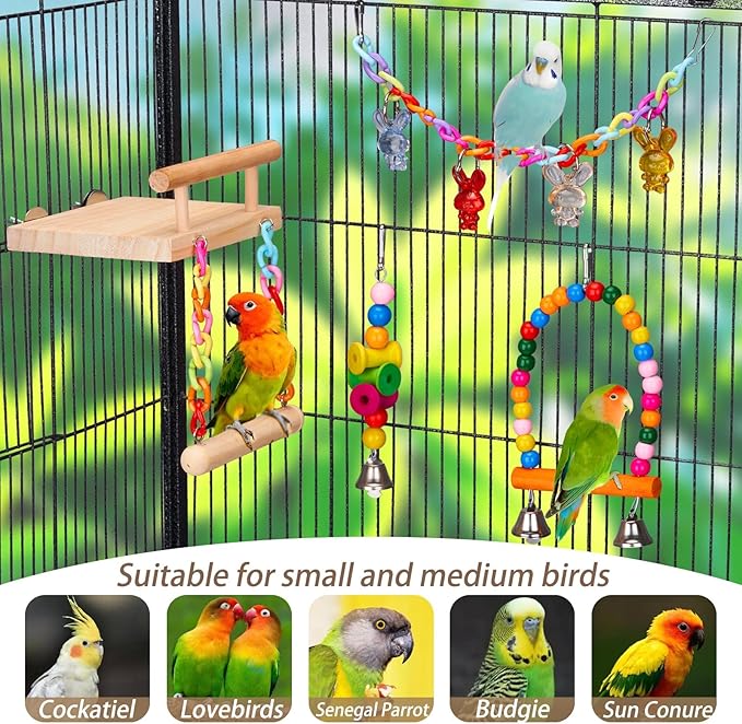 11Pcs Bird Parakeet Toys Wooden Bird Platform Stands Swing Hanging Chewing Toy Parrot Climbing Ladder Colorful Bird Cage Toys for Parakeet, Conure, Cockatiel, Love Birds, Finches-Mewly Pet