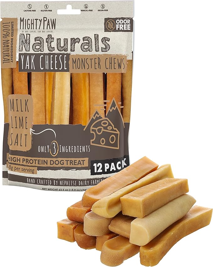 Mighty Paw Yak Cheese Dog Chews - All-Natural Treats for Dogs, High Protein Treat with 68 Grams of Protein Per Chew, Delicious and Long Lasting, Odor Free with Limited Ingredients, Monster, 12 Pack-Mewly Pet