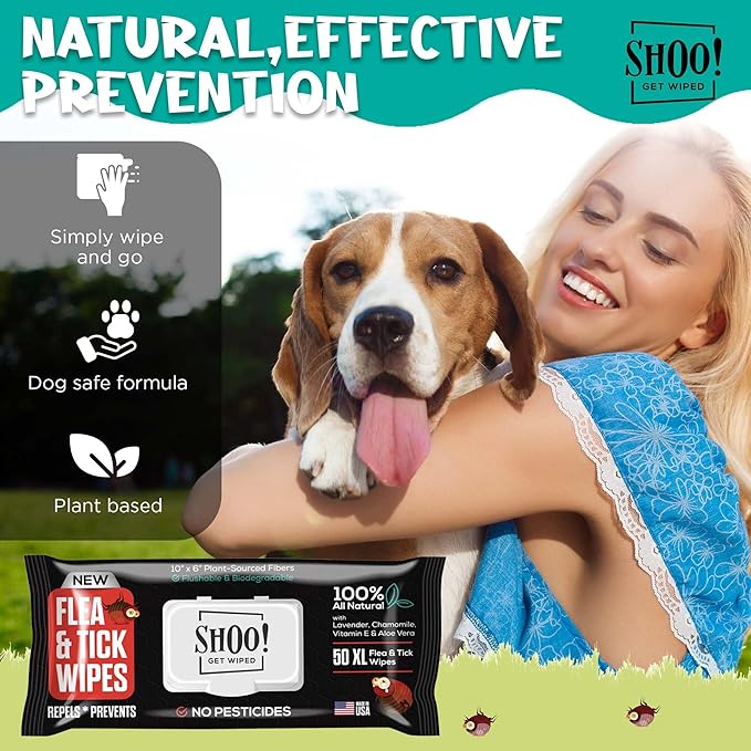 Shoo! Flea & Tick Wipes for Dogs | Convenient, Easy On-The-Go Protection | Plant Based, Natural Oils, Chemical Free | Repels & Prevents | 50 XL Wipes (2 Pack) | Original -Lavender-Mewly Pet