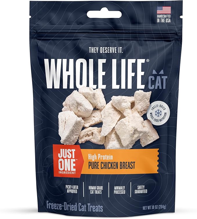 Whole Life Cat Just One Chicken Freeze Dried Cat Treats - Human Grade High Protein Food, Healthy Training Snacks, Freeze Dried Chicken Food Toppers, USA Made Natural Treats - 10 oz (Pack of 1)-Mewly Pet