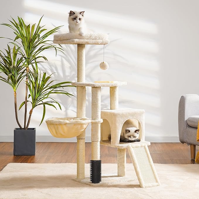 Heybly Cat Tree with Cat Self Groomer Brush, Cat Tower Condo for Indoor Cats with Padded Plush Perch, Cat House with Basket Scratching Board Post, Beige HCT005SM-Mewly Pet