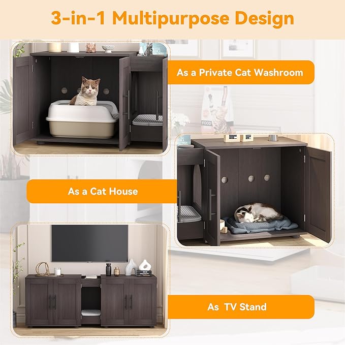 Gaomon Litter Box Enclosure with Double Room,Cat Hidden Litter Box Enclosure Furniture for 2 Cats with Double Room, 55”L x 17.7”W x 22.5”H Cat House,Wooden Enclosed Cat Litter Box Furniture,Walnut-Mewly Pet
