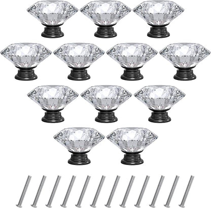 12-Pack Crystal Glass Cabinet Knobs for Home Decor, Vanity Drawers, Desks, Wardrobe Doors, Standard Screws Easy Installation for Home Refurbishment and Redecoration (Clear Crystal, 40mm, Black Base)