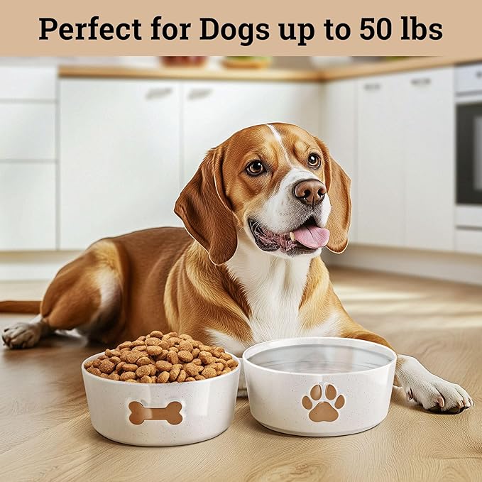 Ceramic Dog Bowl Set of 2 with Anti-Skid Base - 6.5" Wide x 2.5" Tall Ceramic Dog Bowls Medium Sized Dogs - 3.8 Cup Capacity Food and Water Bowls for Dogs - Rubber Bottom Pet Bowl Set of 2 Medium Size-Mewly Pet