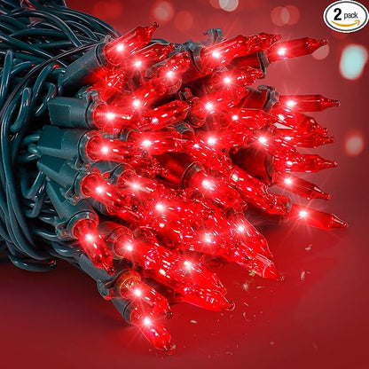 Christmas Lights Indoor Outdoor, 2PACK 13FT 50-count Lights Incandescent Mini Halloween String Light, 120V UL Certified Green Wire Light for Xmas Tree, Patio, Holiday, Party, Home, Garden Decor,Red