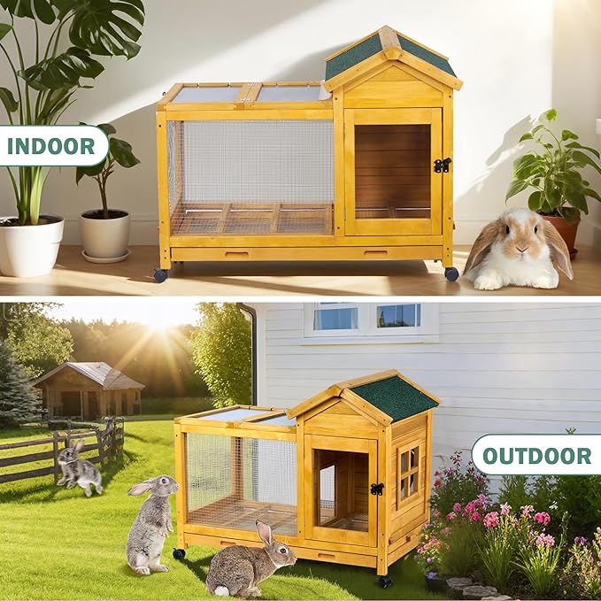 Wooden Rabbit Hutch with Waterproof Roof,Outdoor/Indoor Bunny Cage with Removable Slide-Out Bottom Tray, Chewproof Rabbit cage for Small-Medium Animals (Guinea Pigs, Hedgehogs)-Mewly Pet