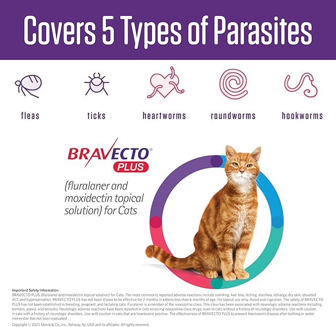 BRAVECTO Plus Topical Solution for Cats, Flea, Tick & Heartworm, 2 Months Supply, 2.6-6.2 lbs., Green Box-Mewly Pet