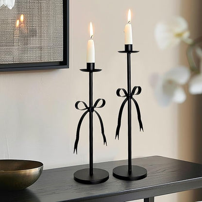 Black Taper Candle Holder Set of 2-Metal Bow Candle Sticks Holder Decor,Modern Tall Candle Holder,Decorative Candlesticks for Fireplace, Wedding, Holiday & Christmas