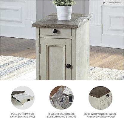 Signature Design by Ashley Bolanburg Farmhouse Chair Side End Table with Outlets and USB Ports, Antique Cream & Brown